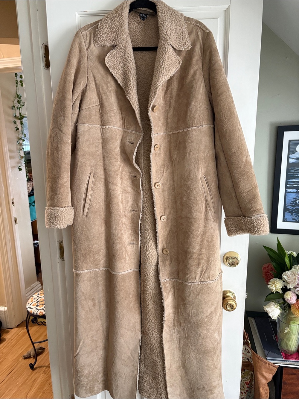 Brandon Thomas Long Shearling Trench Coat in Tan